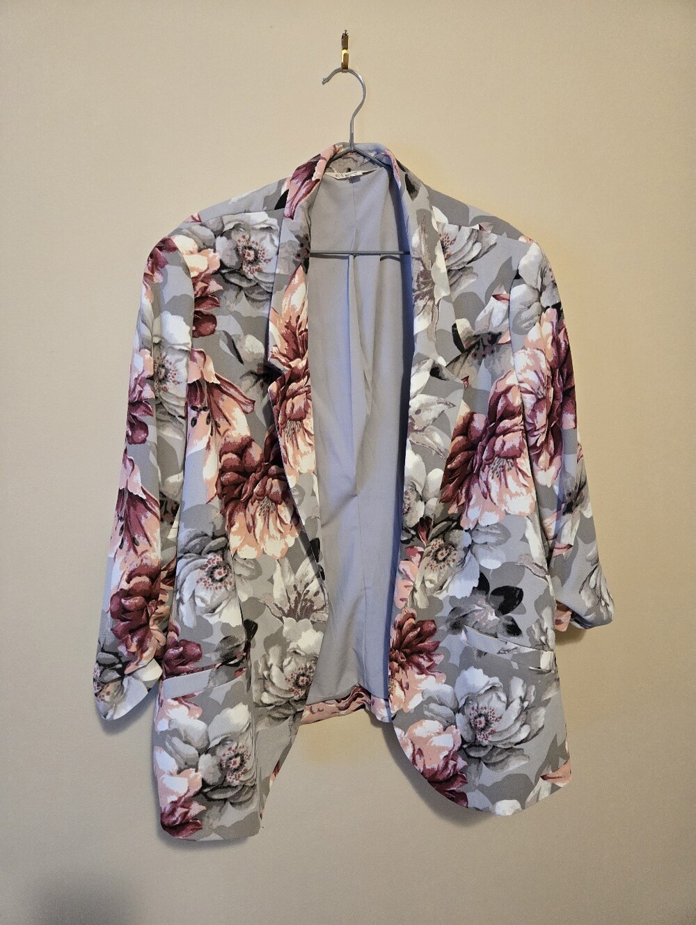 Floral Draped Open Blazer Jacket - Gray and Pink